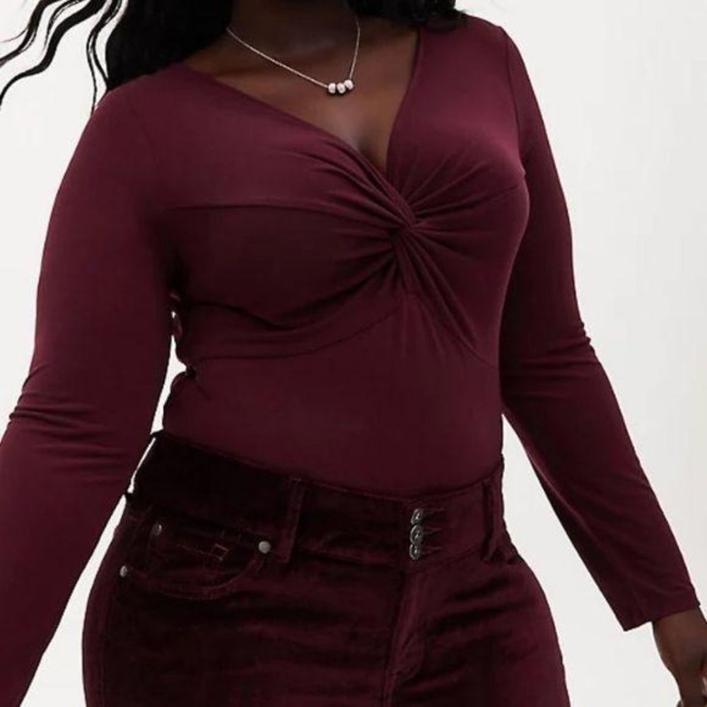 BURGUNDY PURPLE STUDIO KNIT TWIST FRONT BODYSUIT